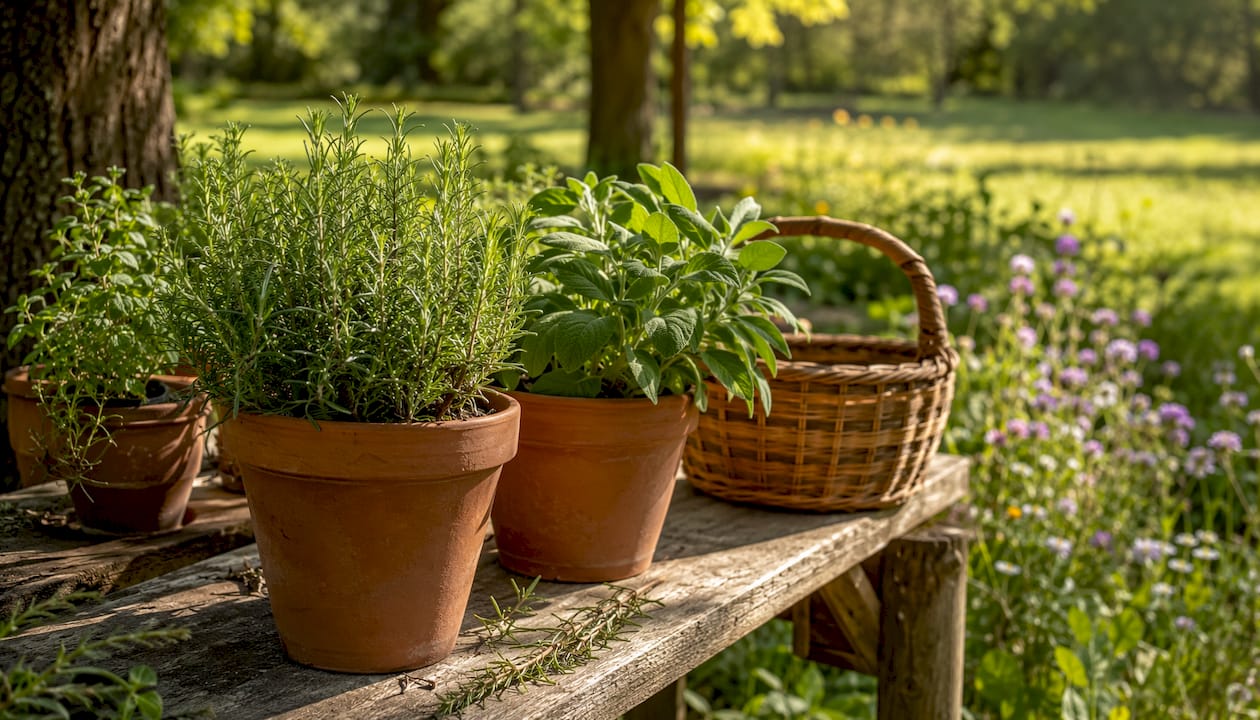 Herbs growing in terracotta pots on urban terrace