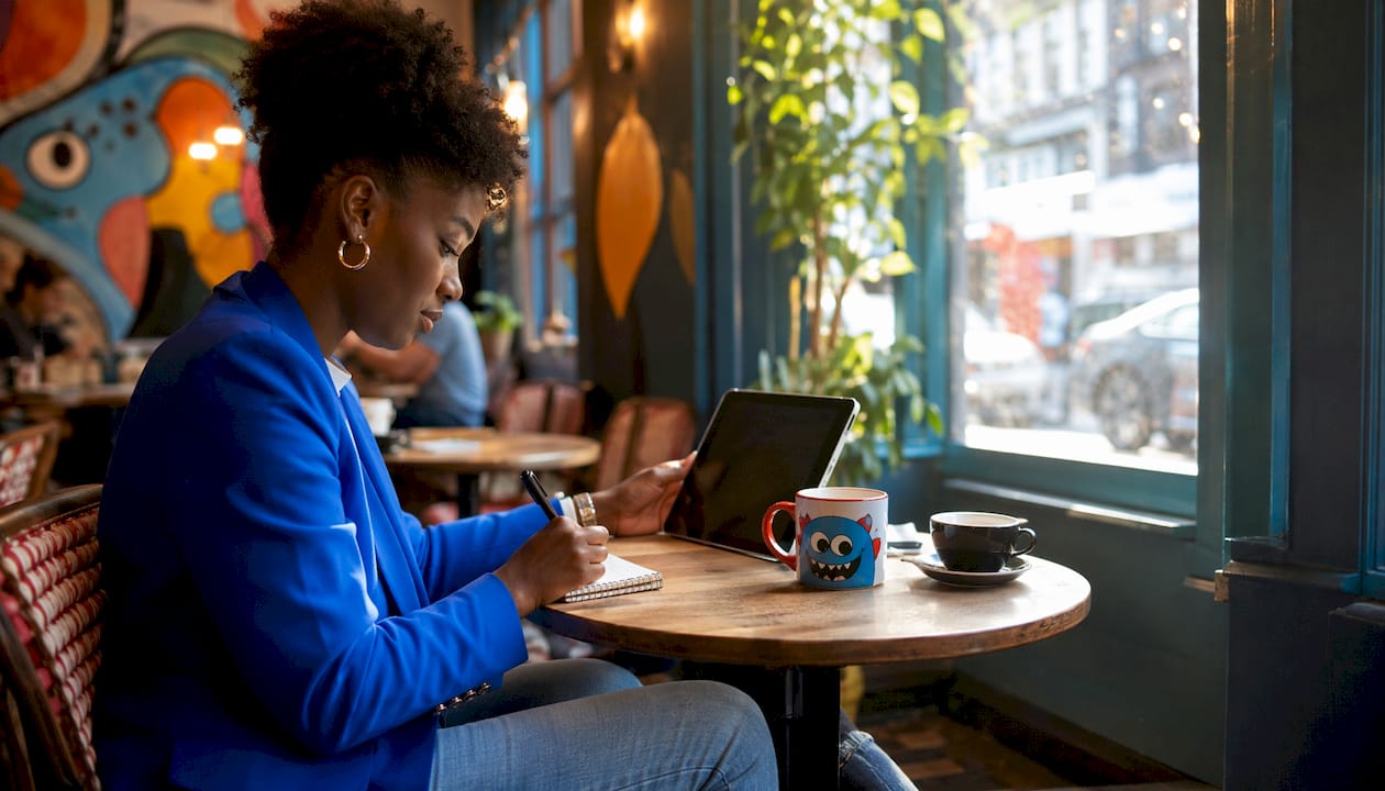 Woman analyzing social media KPIs at desk with tablet