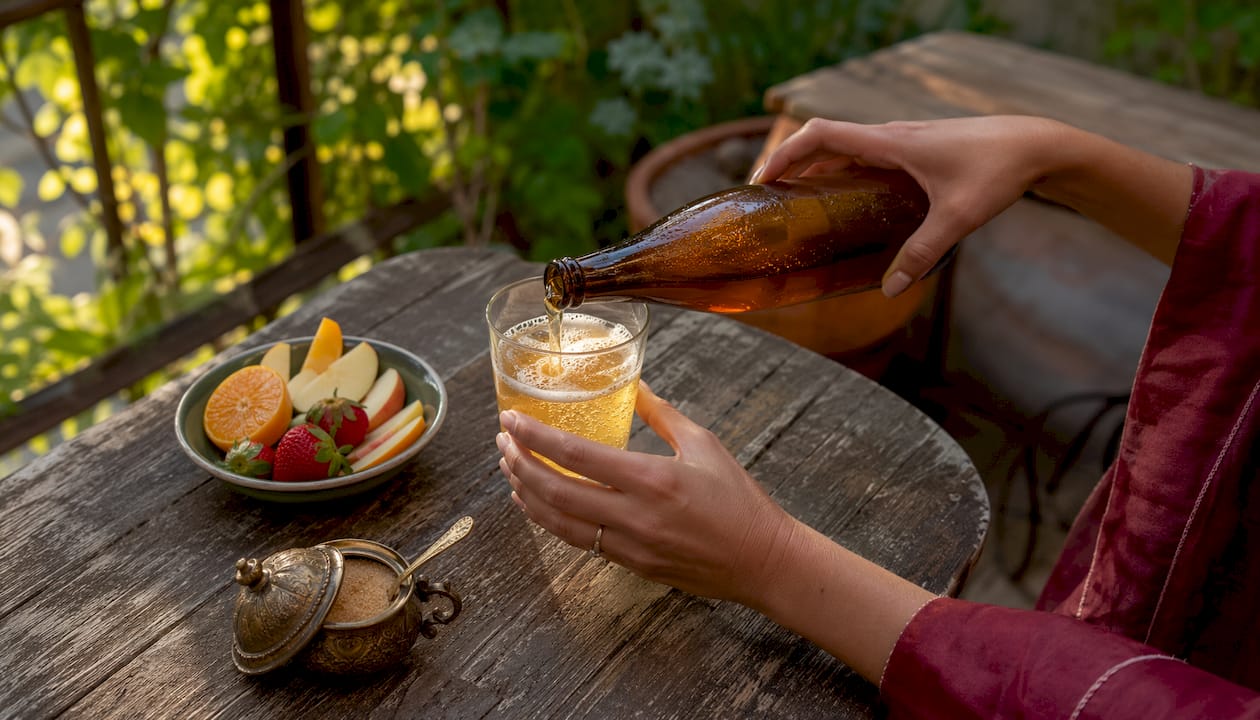 Hands pouring kombucha into glass with fruit and sugar nearby