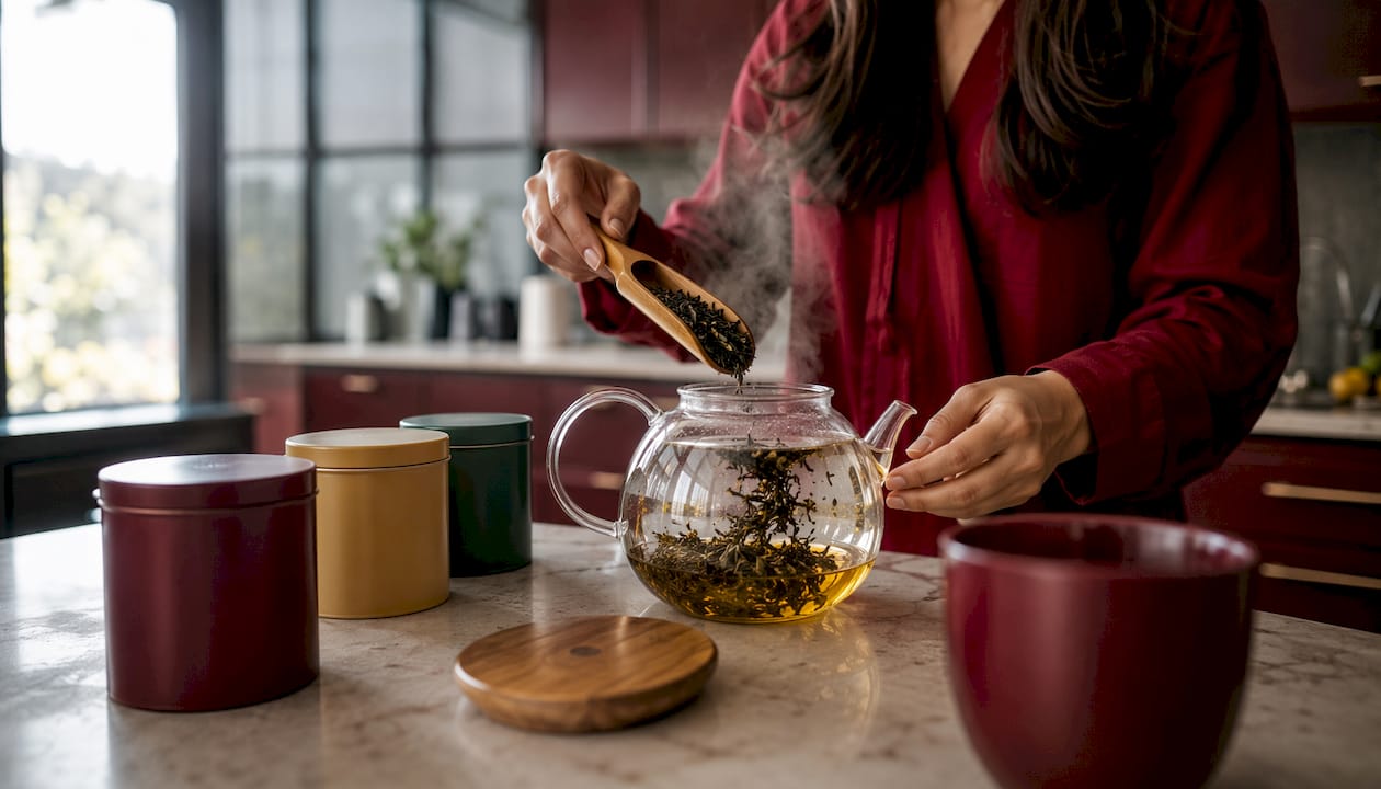 Hands steeping tea leaves in glass teapot