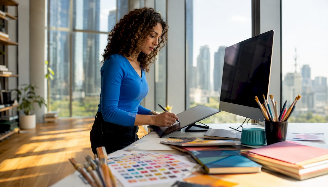 Designer working on brand visuals at studio desk
