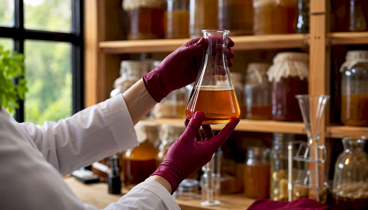 Scientist holding kombucha flask in lab