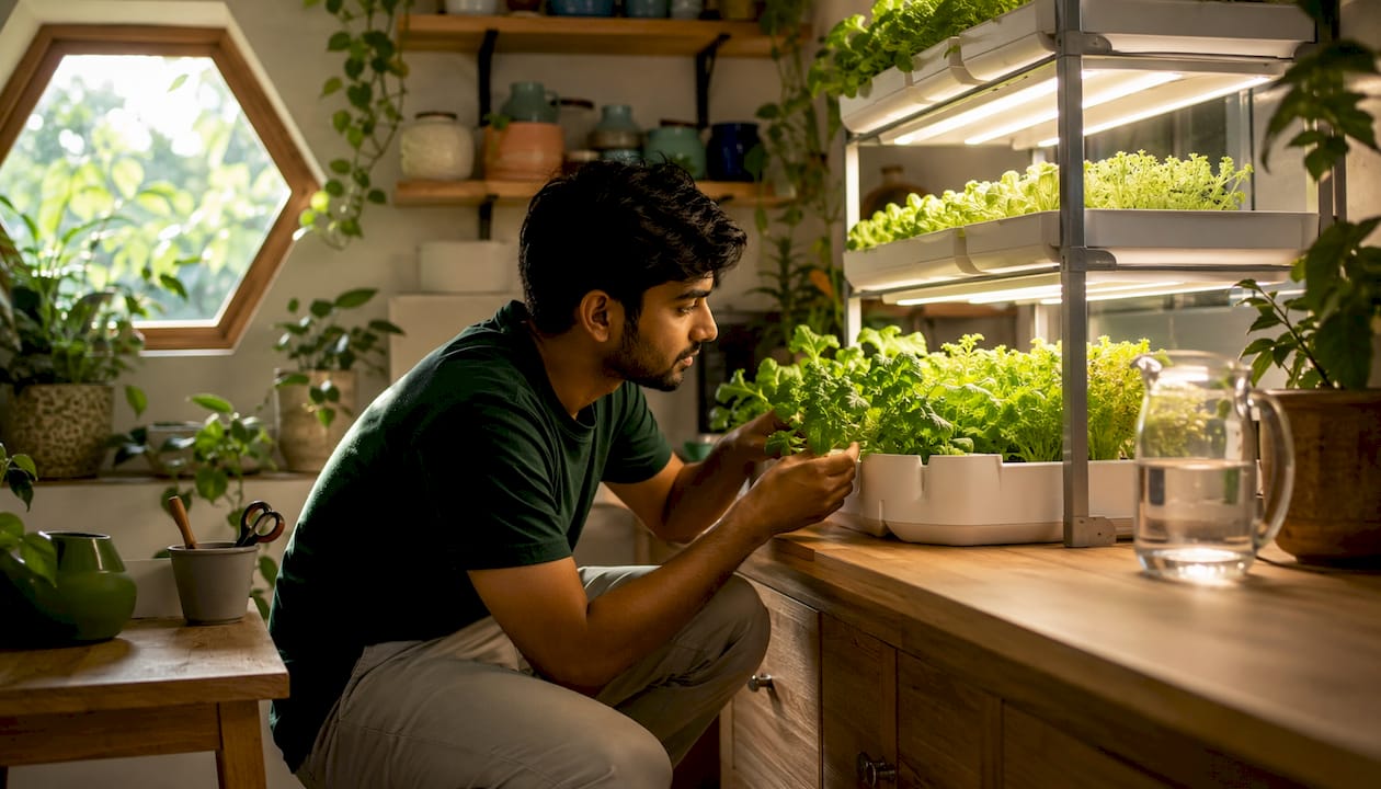 Young man inspecting indoor hydroponic garden at home