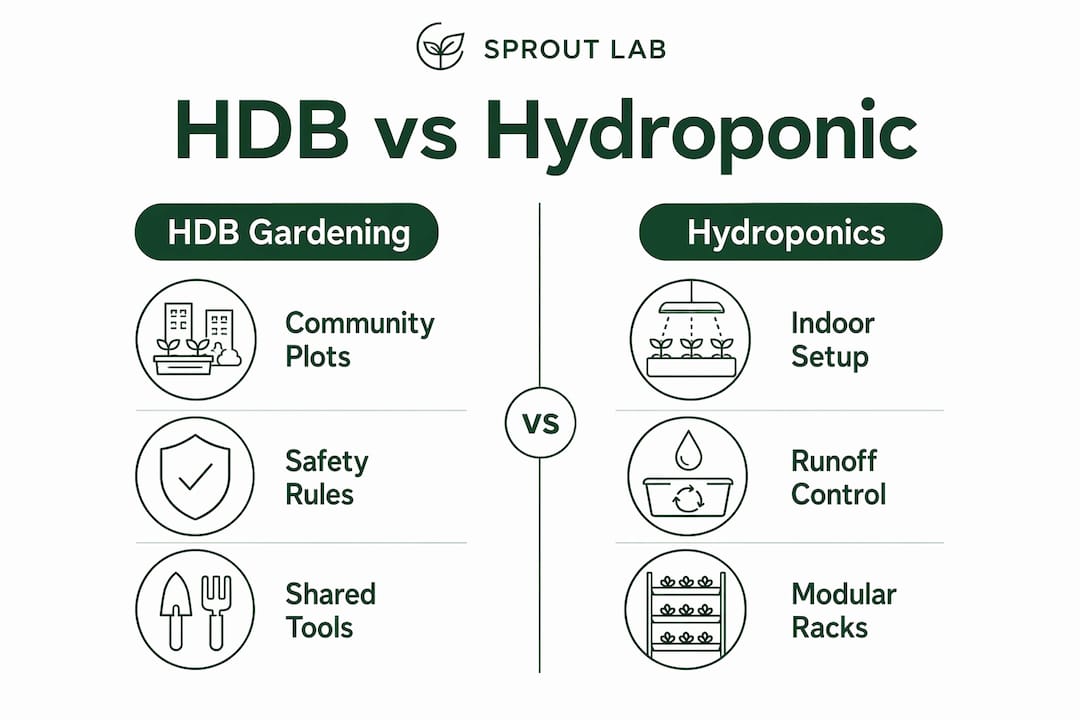 Infographic comparing HDB gardening with indoor hydroponic gardening