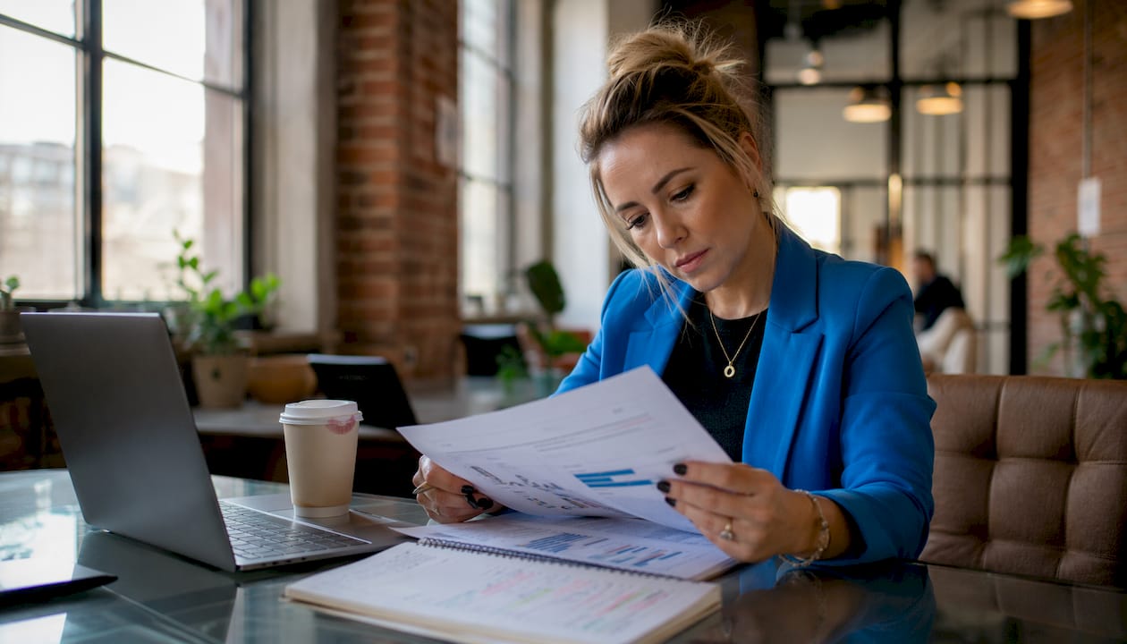 Businesswoman reviewing social media growth documents