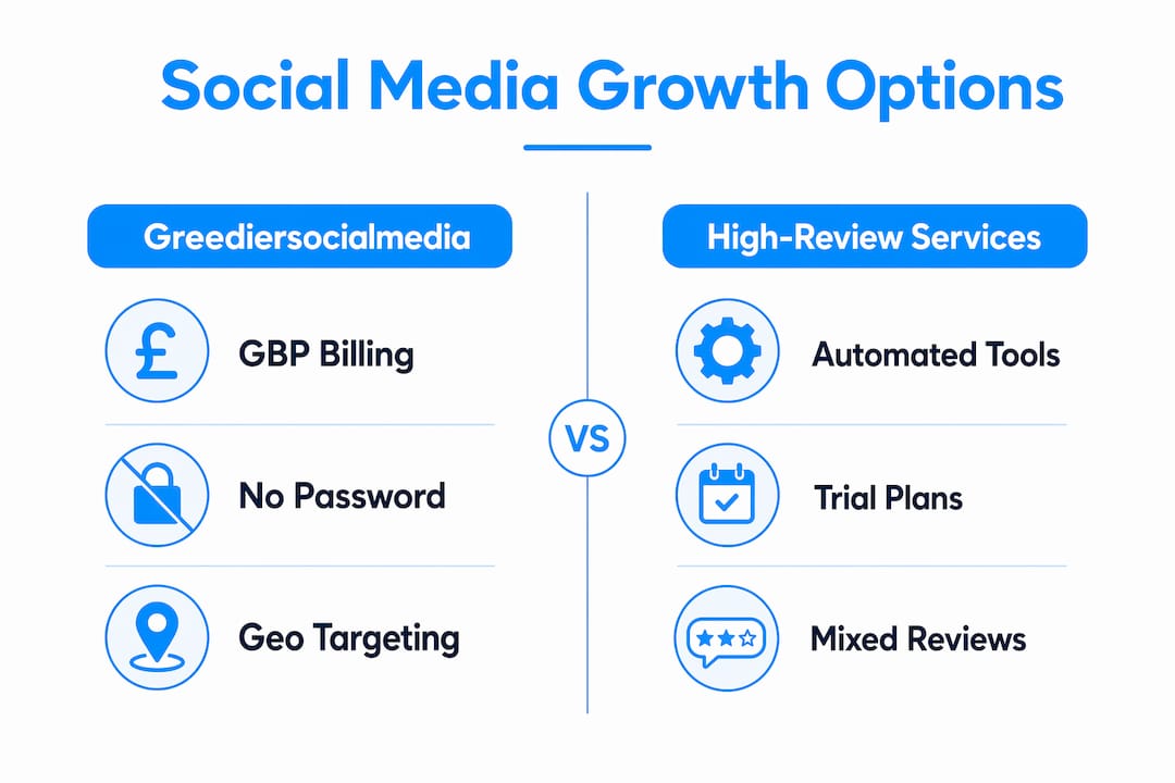 Infographic comparing UK social media growth service features