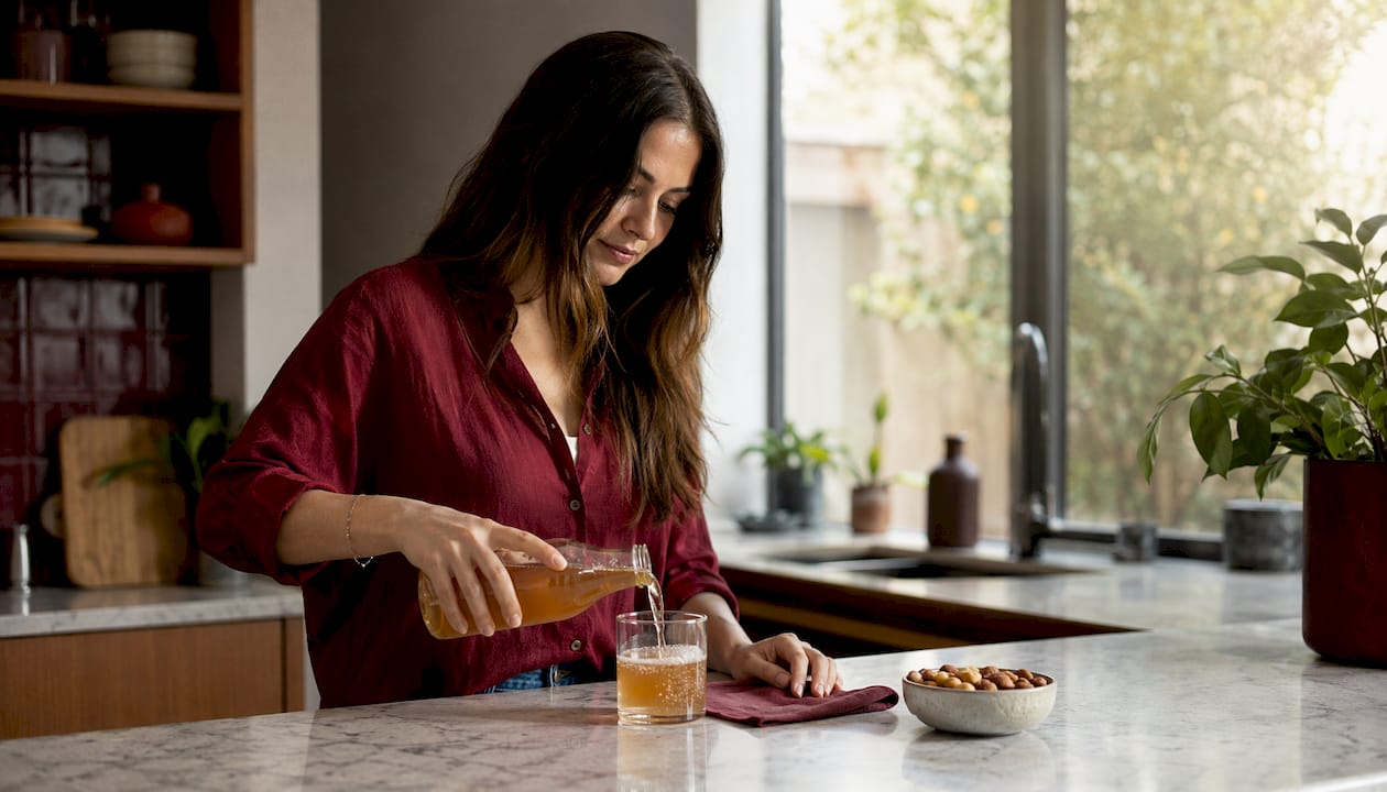 Hands pouring kombucha into glass
