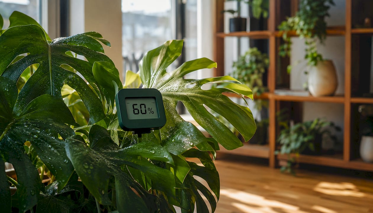 Digital hygrometer among Monstera leaves indoors