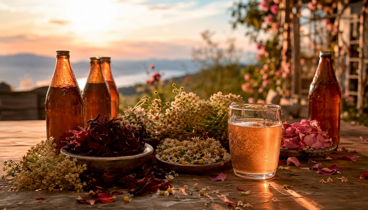 Floral ingredients with kombucha bottles overhead
