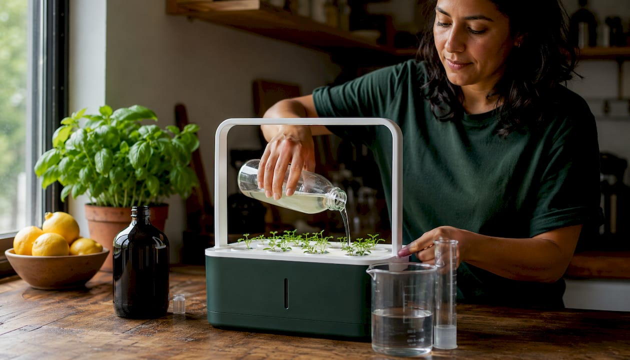 Hands adding nutrient to hydroponic system