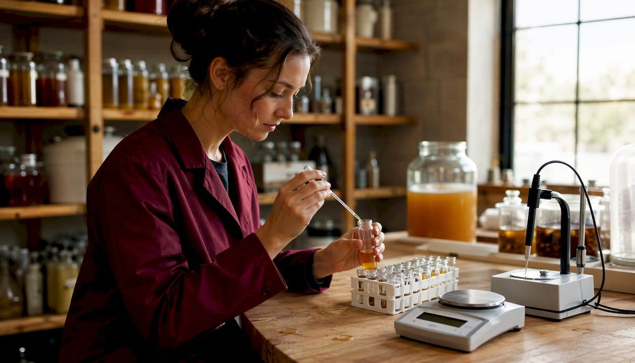 Technician measuring kombucha acidity in lab