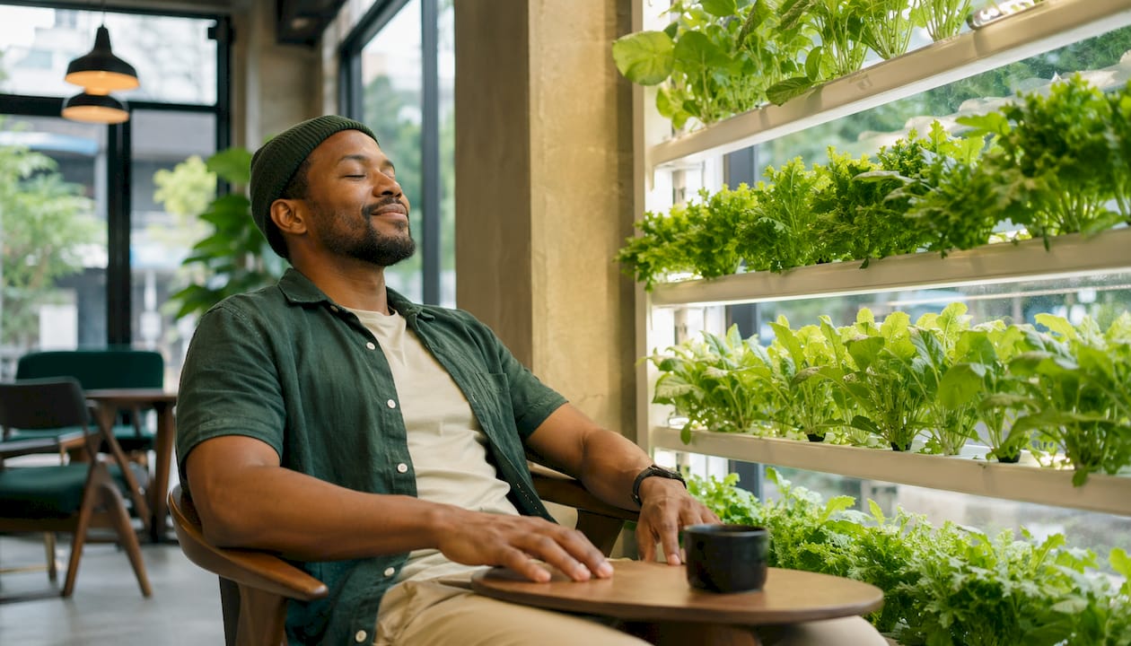 Man relaxing near vertical hydroponic garden in office nook