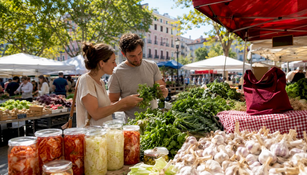 Swiss market stall with diverse plant foods and fermented products