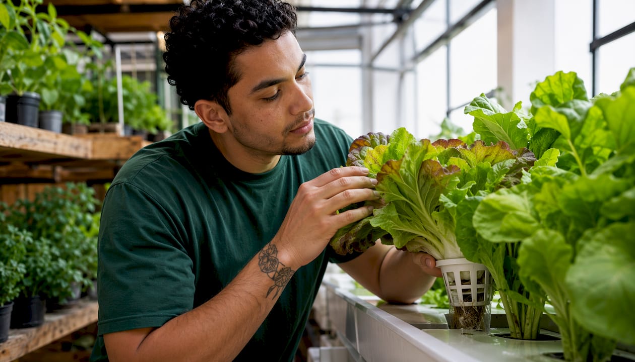 Hands checking hydroponic lettuce maturity