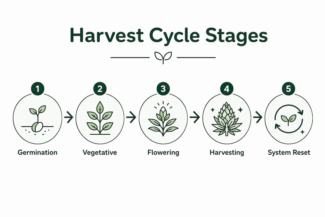 Infographic showing main stages of hydroponic harvest cycle