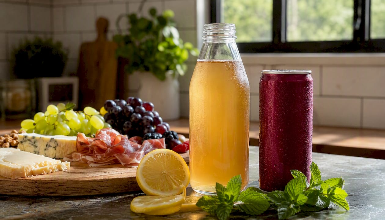 Overhead view comparing energy drink and kombucha