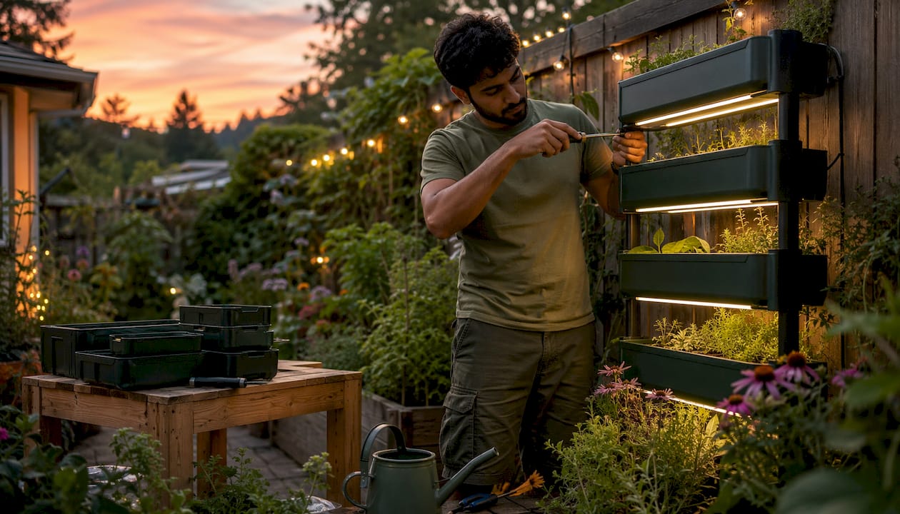 Man installing stackable modular plant growth units on balcony