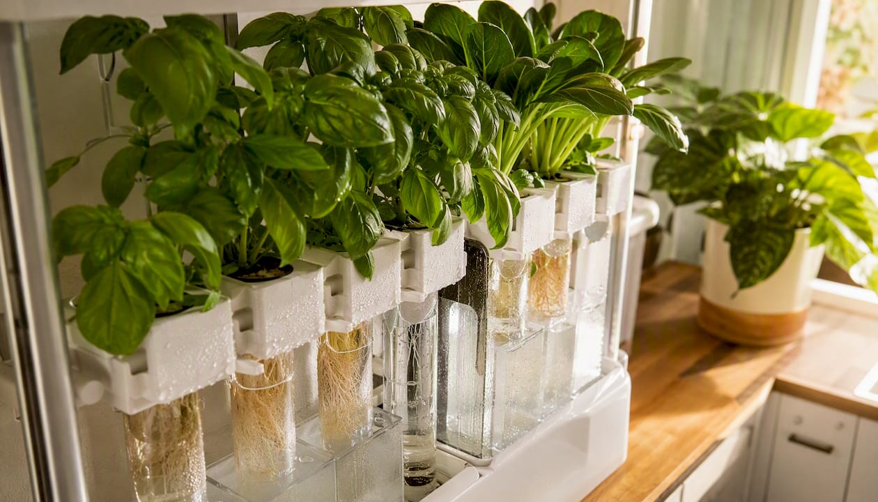 Close-up drip hydroponic system in humid living room