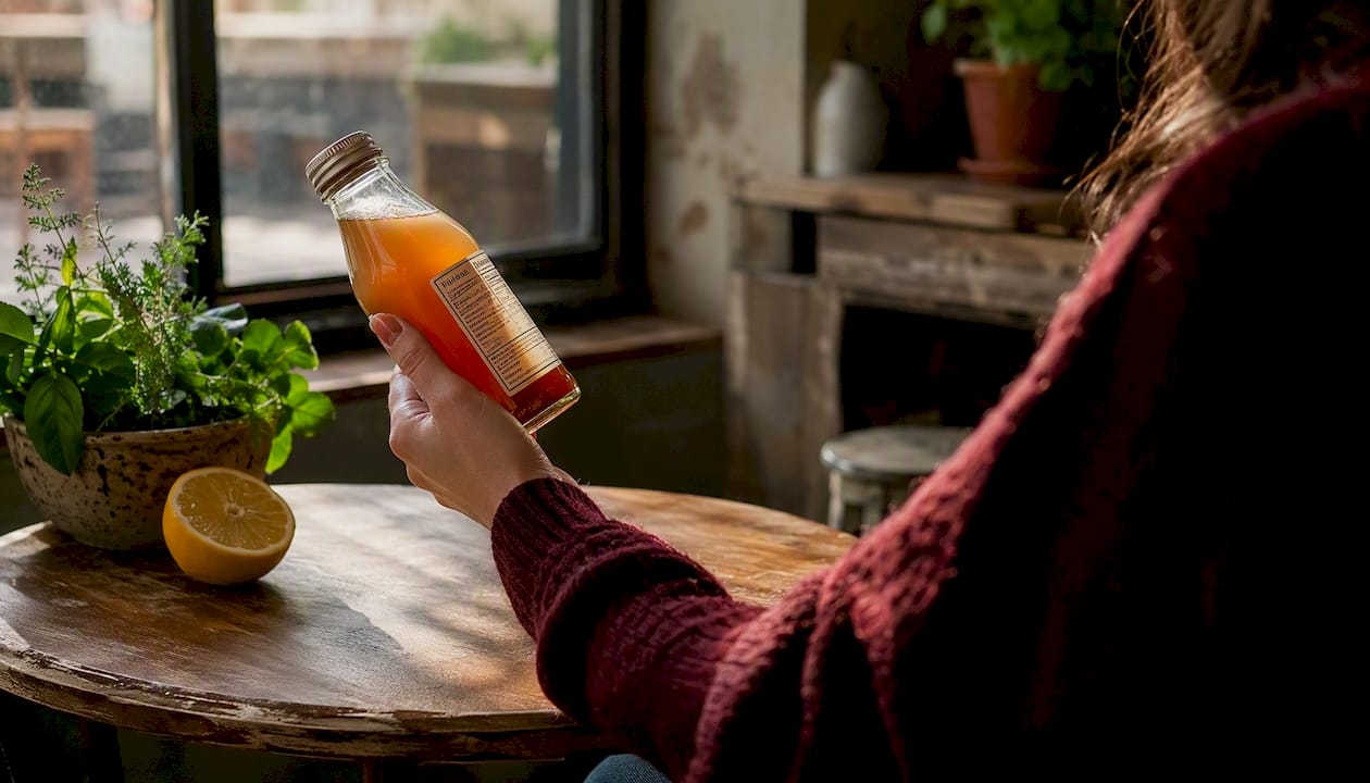 Close-up of hand reading kombucha sugar label