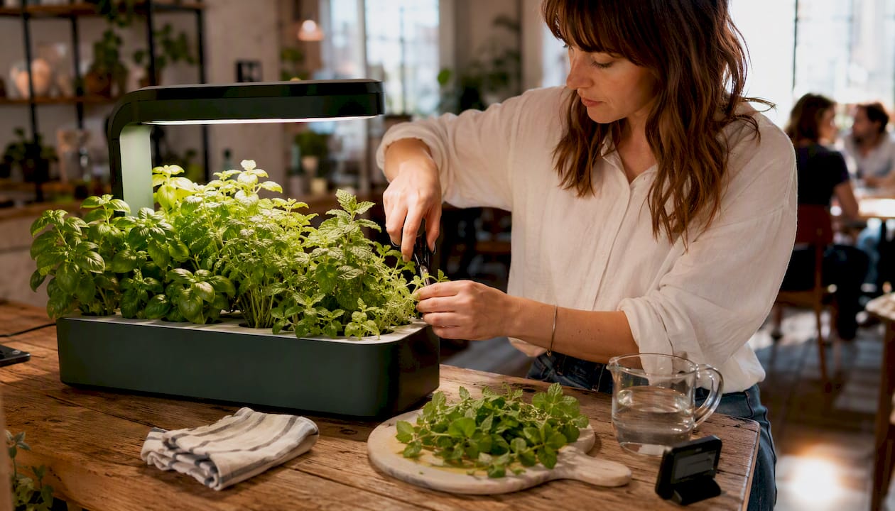 Woman trimming herbs on countertop smart garden