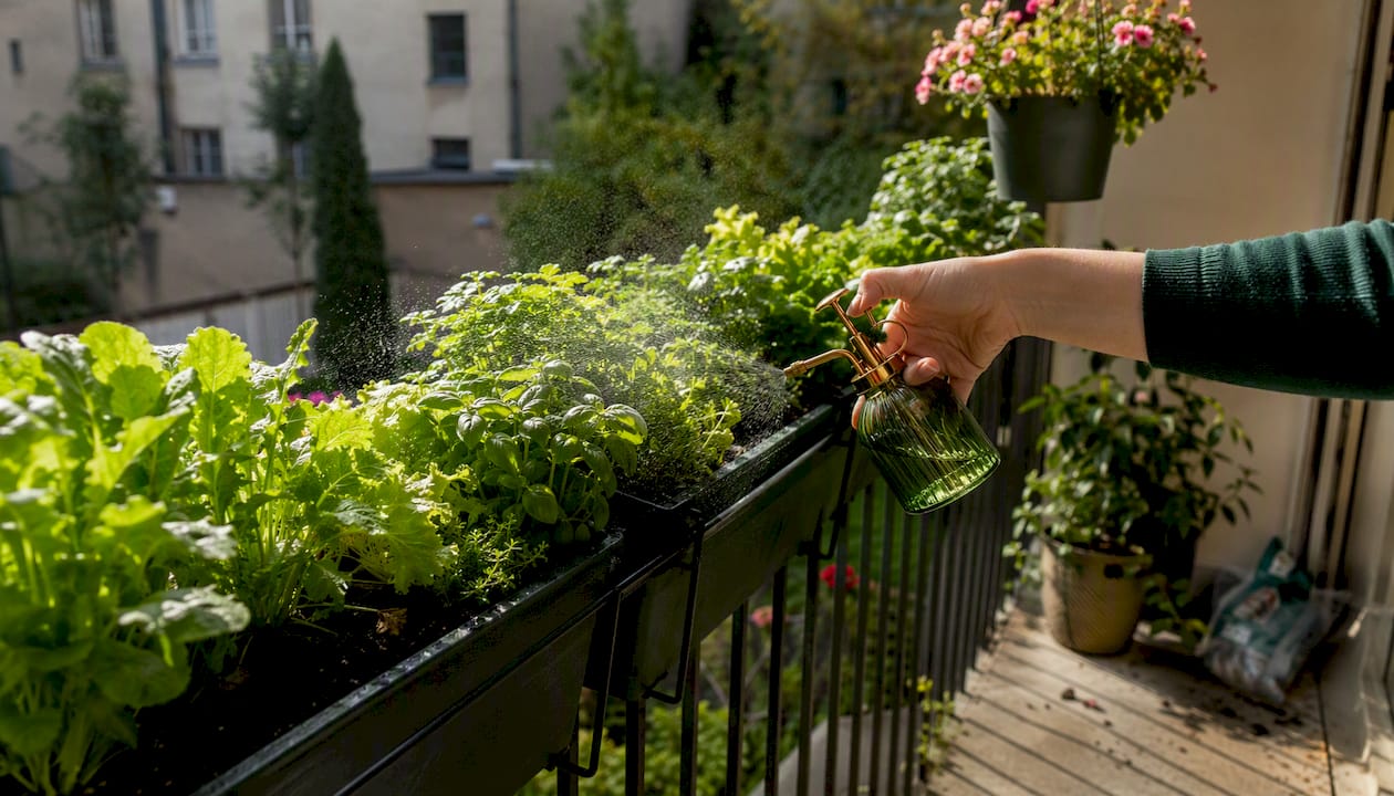 Sunlit leafy greens in balcony rail planters
