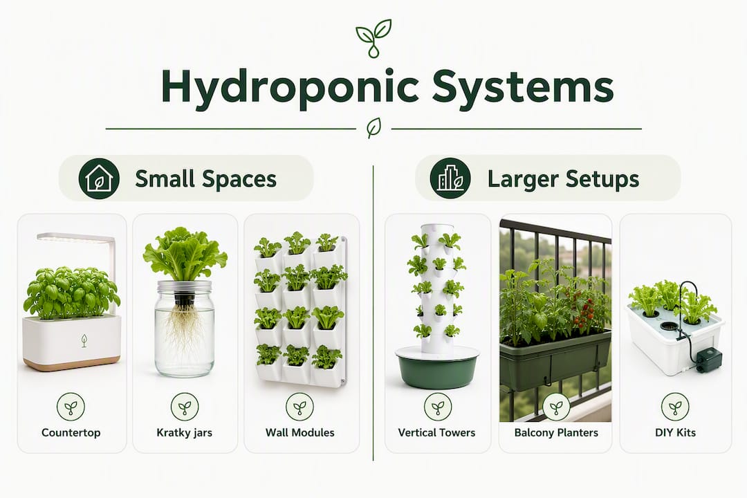 Infographic comparing hydroponic systems for home spaces