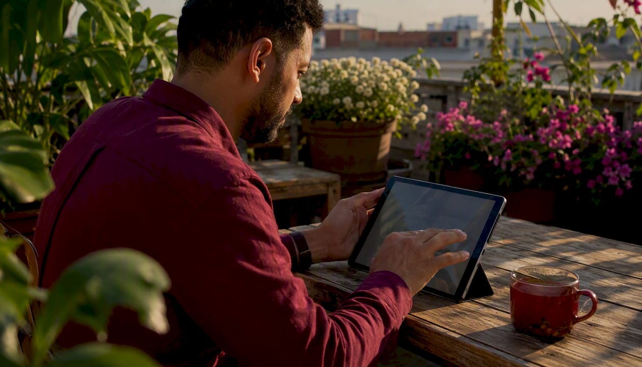 Hands setting messenger funnels on smartphone at café
