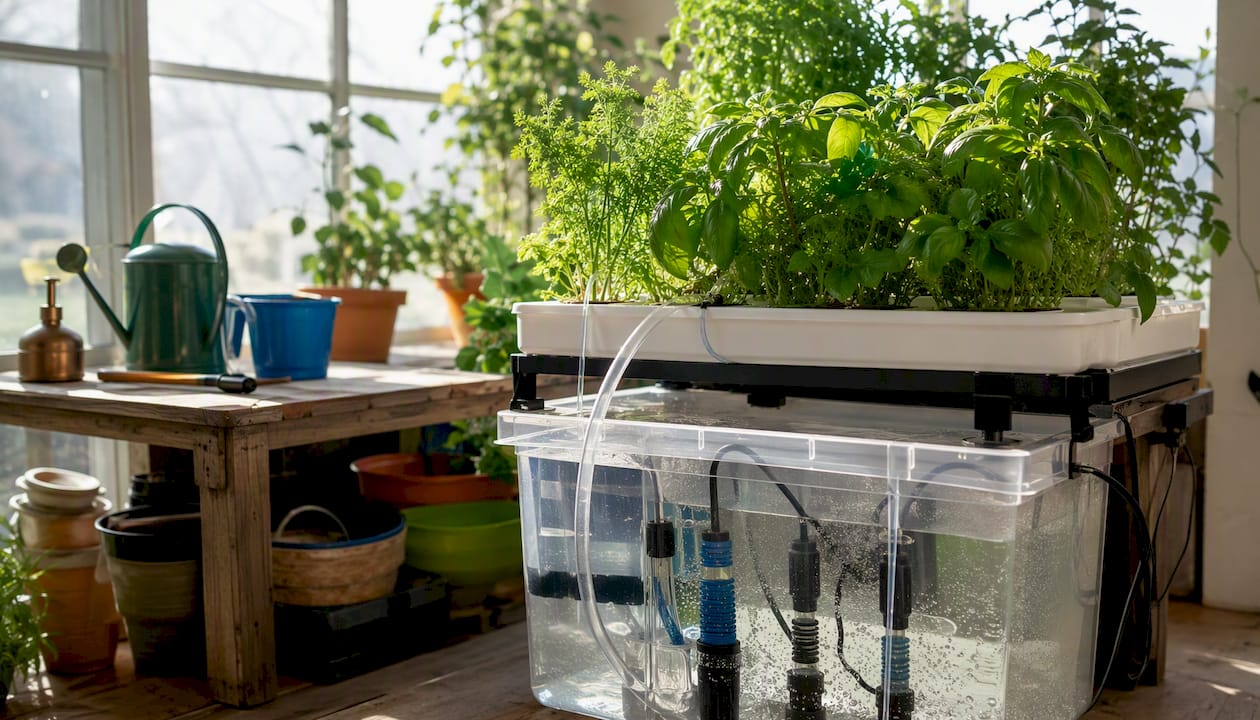 Hydroponic reservoir with sensors and leafy plants indoors