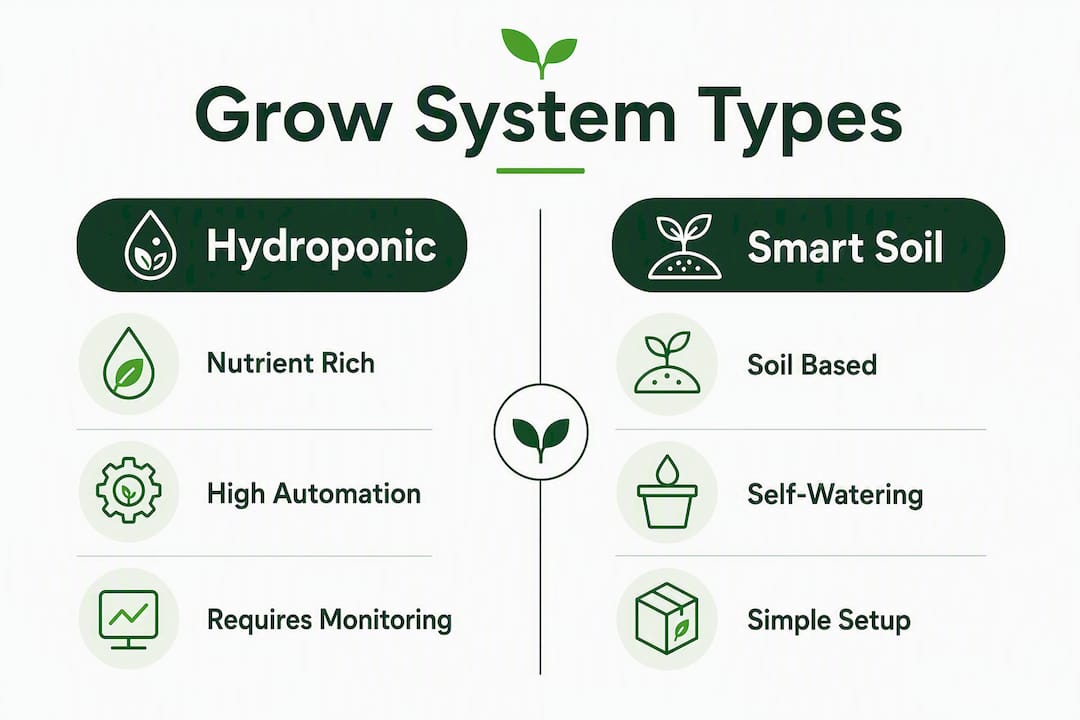 Infographic comparing hydroponic and smart soil grow systems