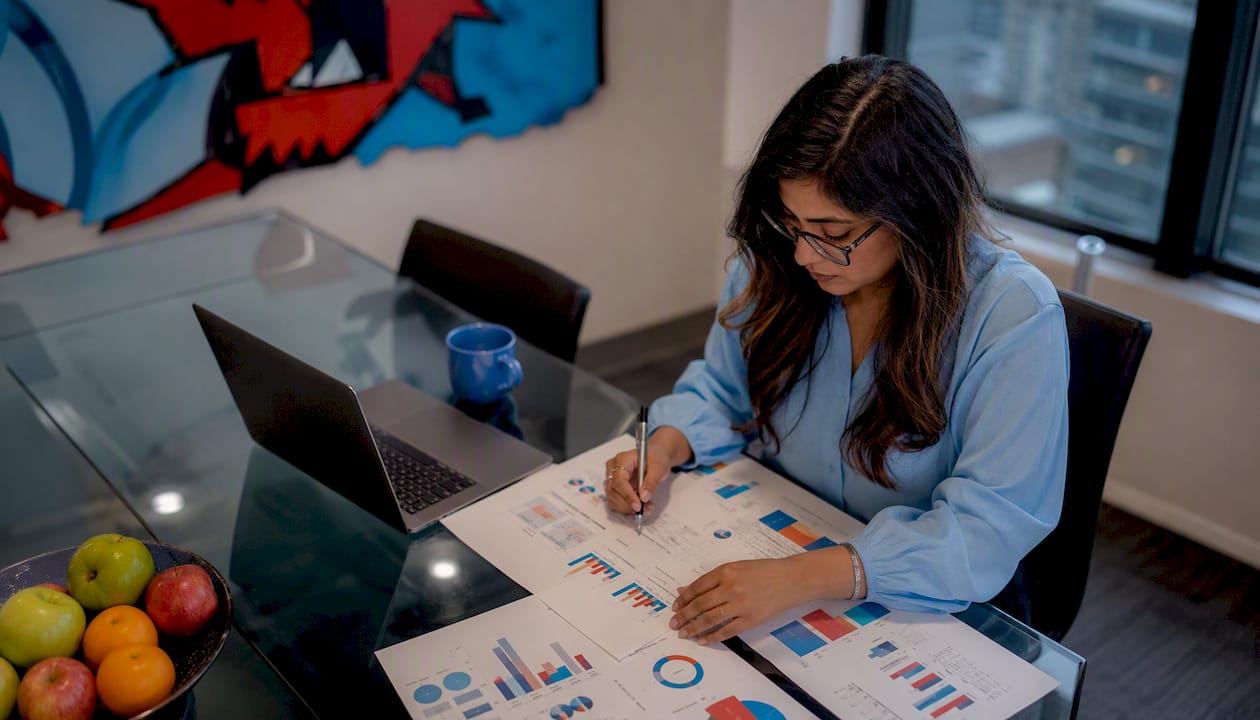 Analyst reviewing social media metrics reports