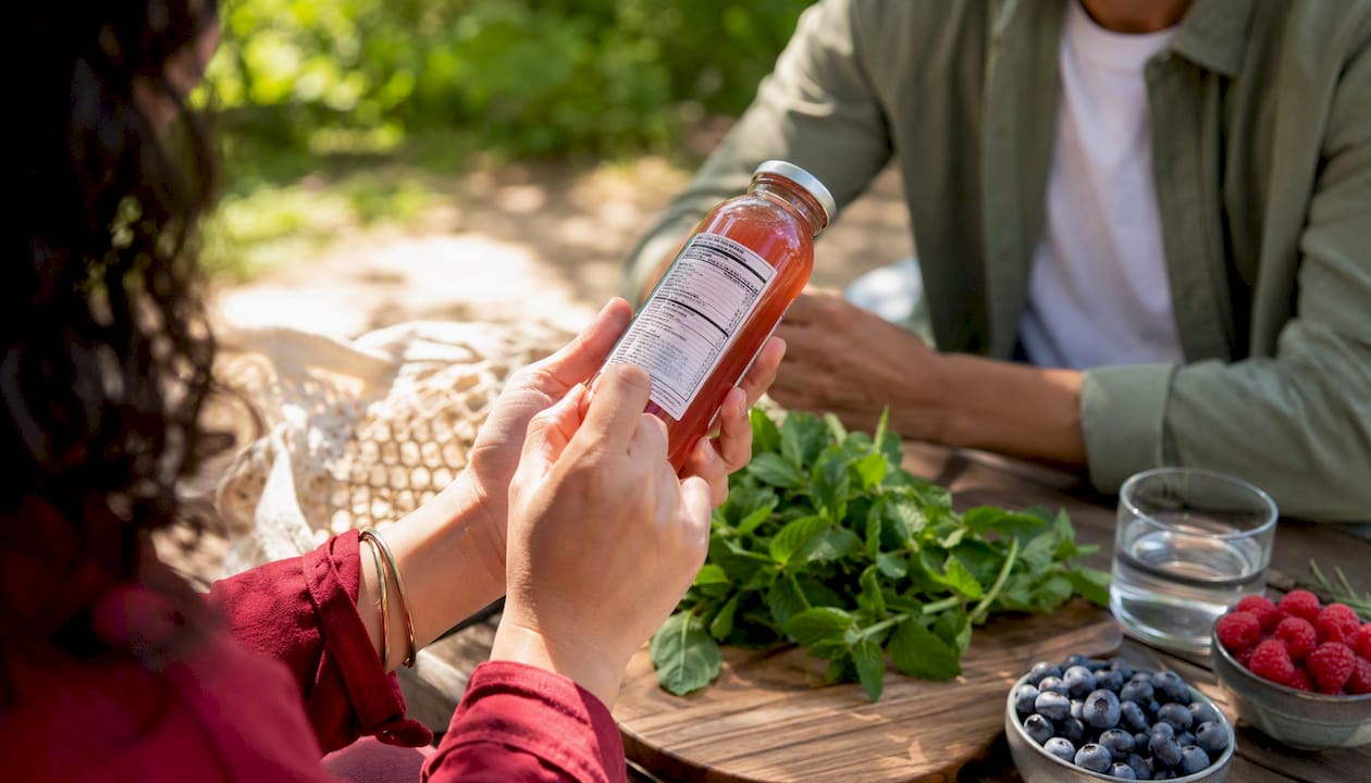Hands reading kombucha nutrition label in kitchen