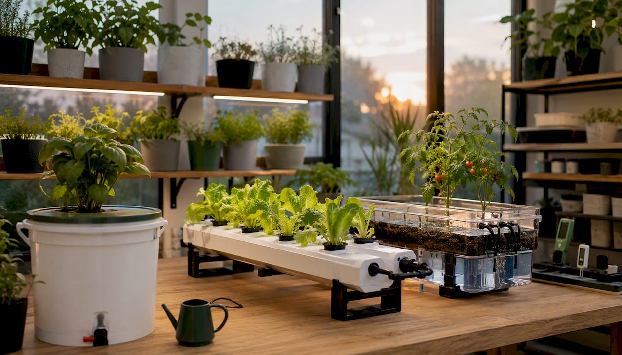 Multiple hydroponic system types in bright indoor space