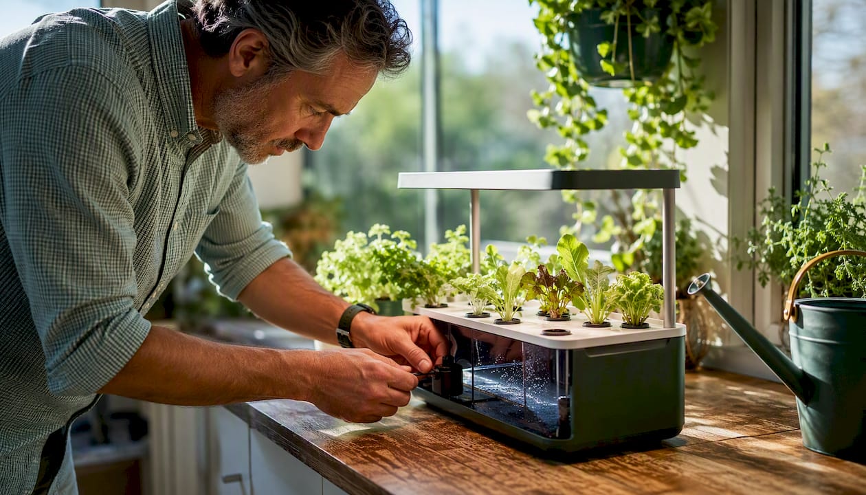 Urban grower inspecting countertop DWC hydroponic system