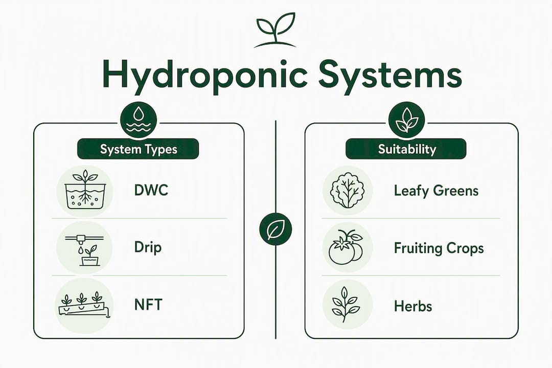 Infographic illustrating hydroponic system types and their suitability