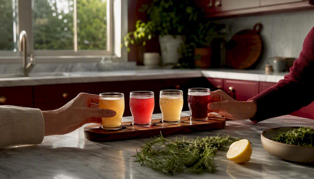 Hands holding kombucha tasting flight on table