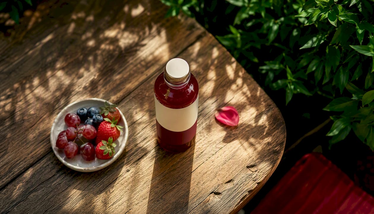 Aboocha kombucha bottle on white kitchen counter