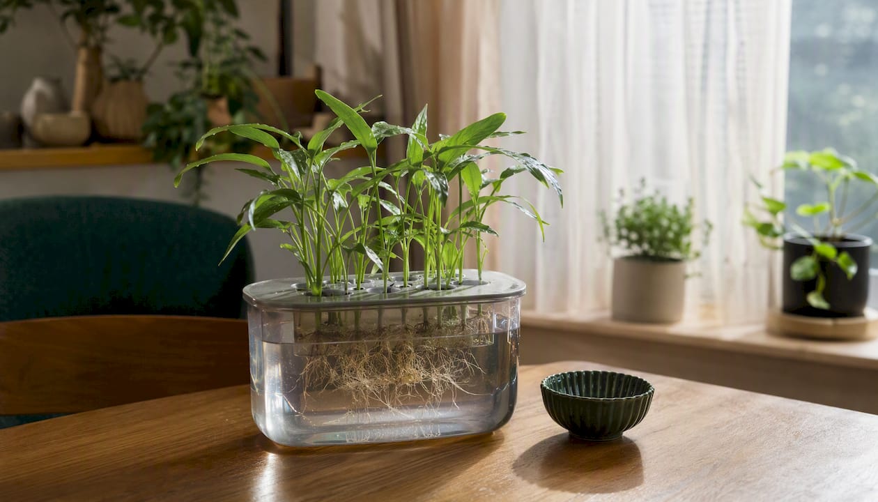 Close-up of Kratky hydroponic system with tropical greens