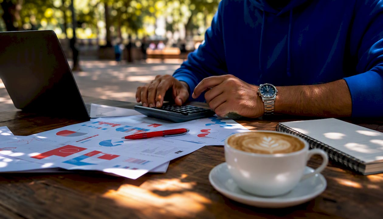 Hands typing with campaign reports and coffee in café