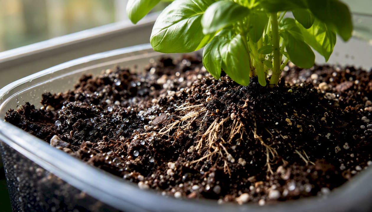 Moist soil and healthy roots in container