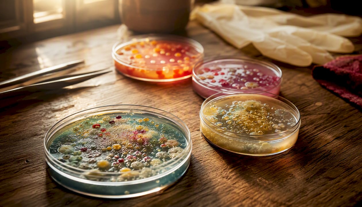 Petri dishes showing bacterial cultures