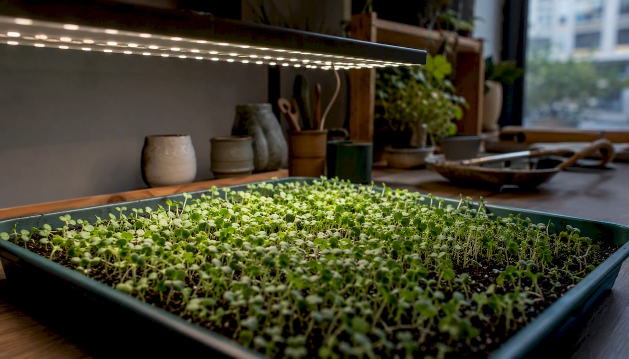 Microgreens growing in soil tray under grow lights
