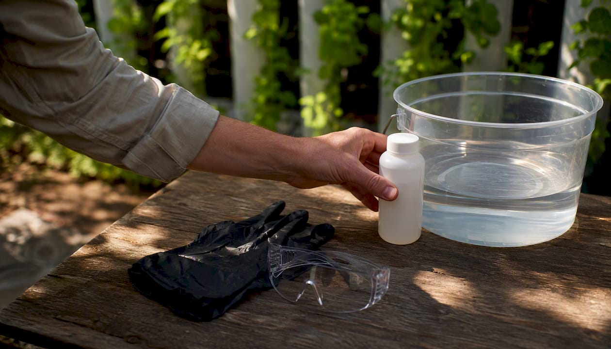 Protective gloves, glasses and pH Down container
