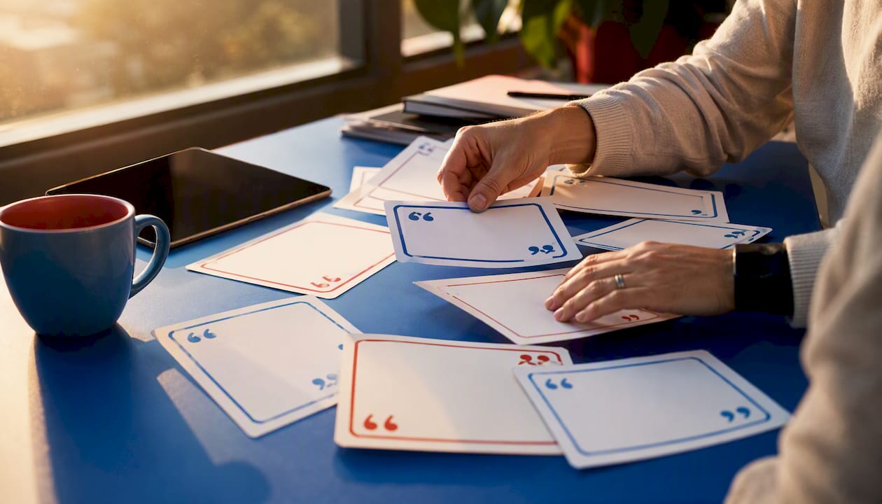 Hands arranging social media testimonial cards