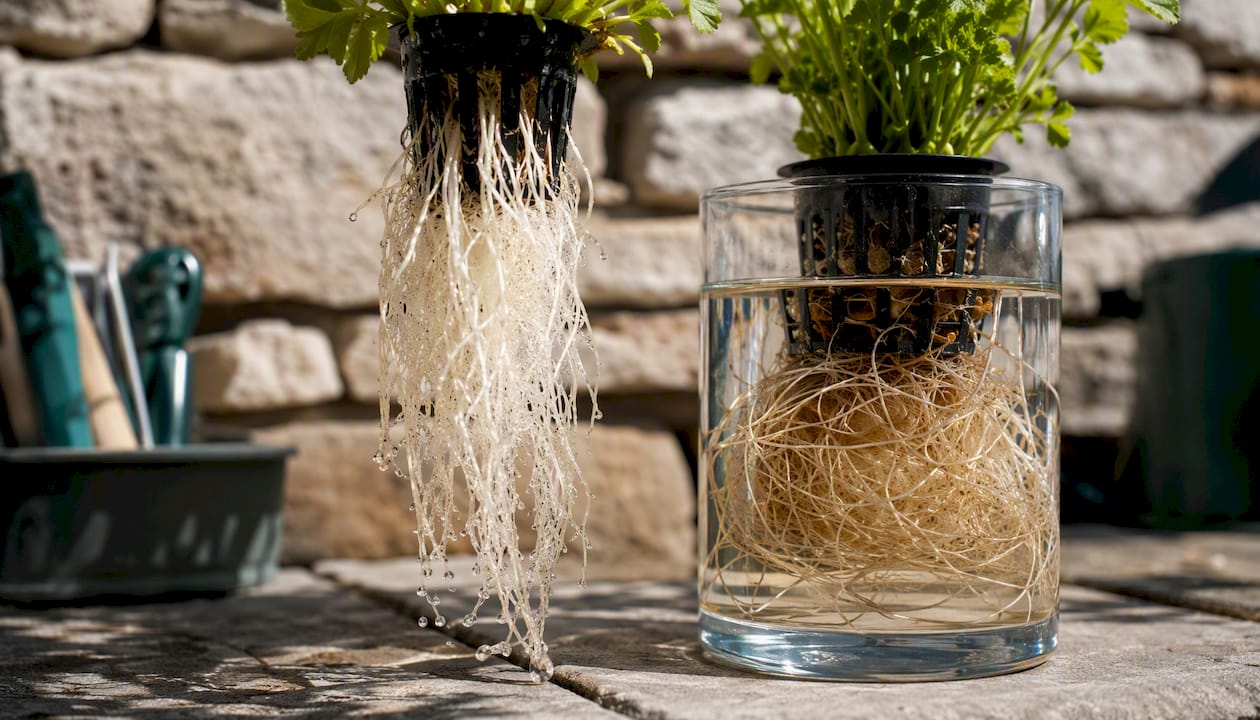 Side-by-side aeroponic and hydroponic plant roots close-up
