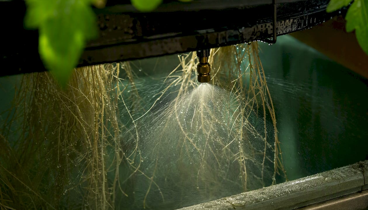Low-pressure aeroponic mist spraying plant roots