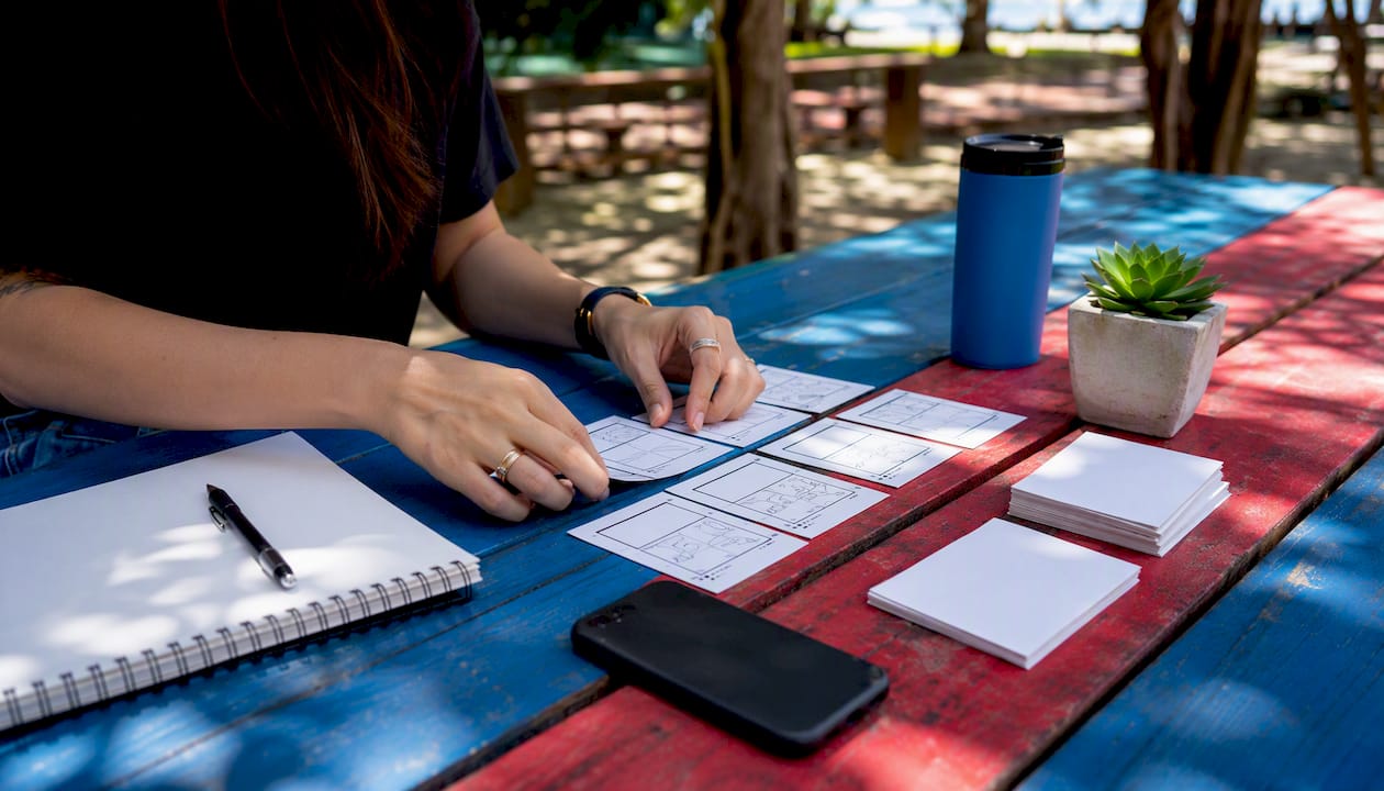 Hands arranging storyboard cards on desk