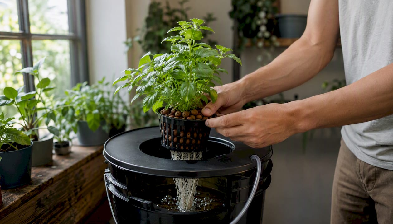 Hands placing net pot into DWC reservoir lid