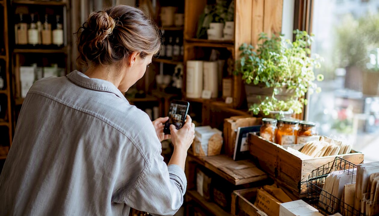 Owner photographing shopfront for business profile