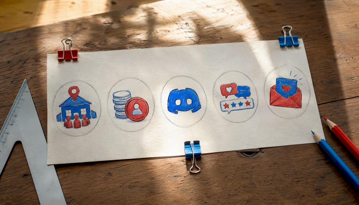 Illustrated icons for community marketing tactics