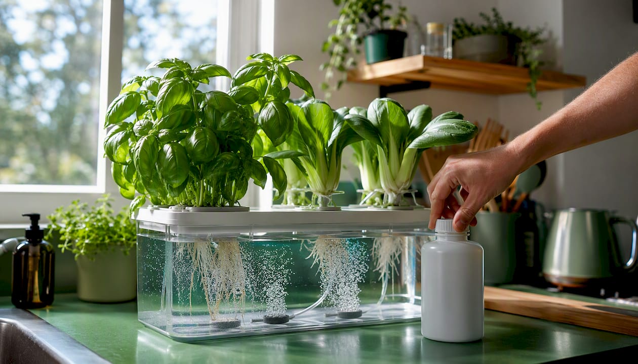 Small DWC hydroponic system with basil and bok choy plants